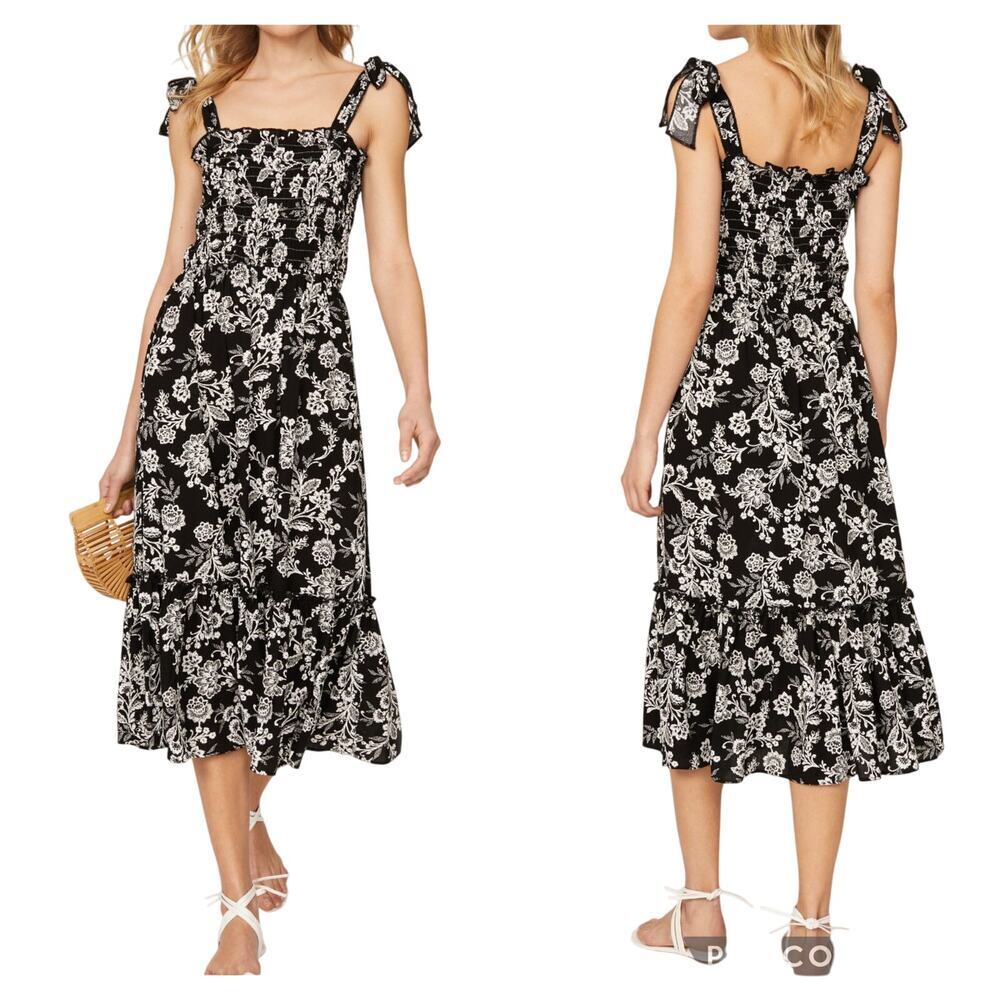 SLATE & WILLOW Black White Floral Smocked Tie Shoulder Kentucky Derby Dress Sz S